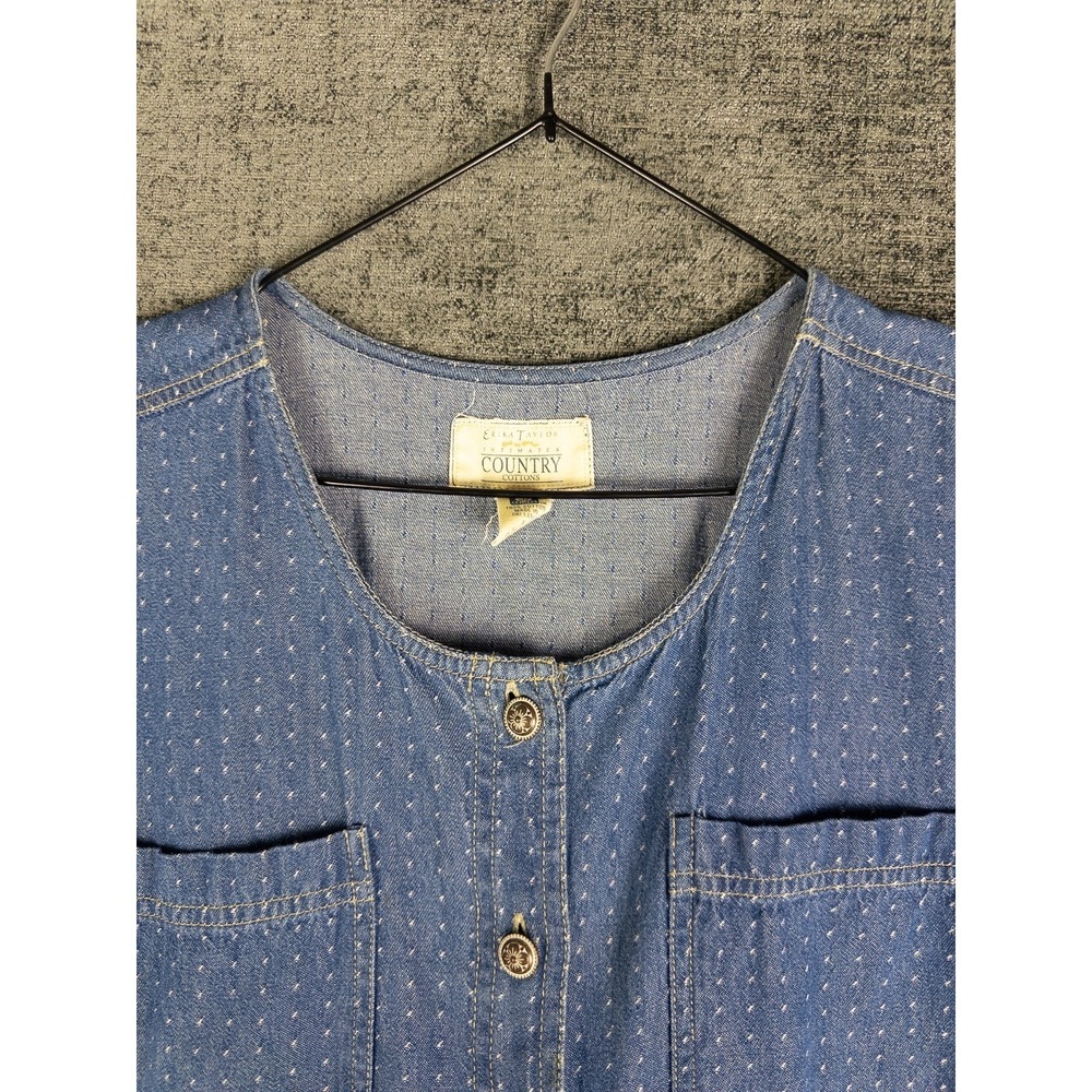 VTG Erika Taylor Midi Dress Womens M Shirt Denim Cottage Prairie Ruffle Cotton - Picture 2 of 6